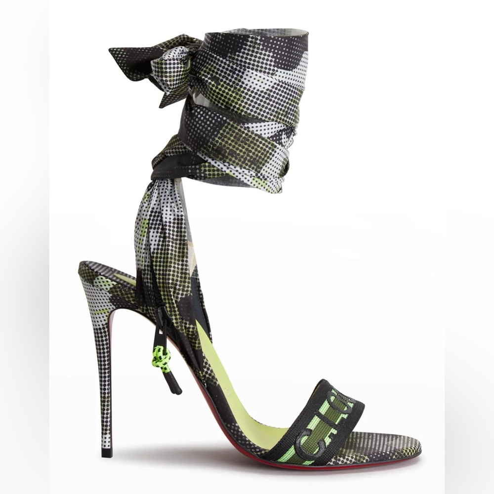 Christian Louboutin unworn camo ankle-wrap red sole heels in black/green